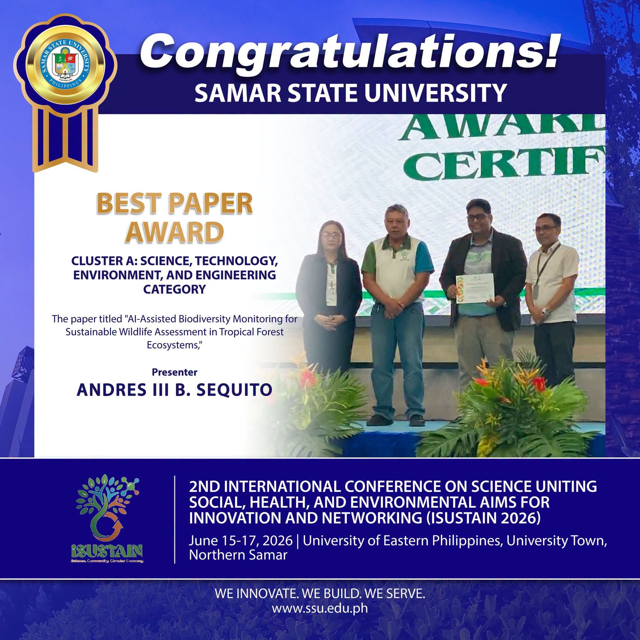 Samar State University Celebrates Best Paper Award for AI-Driven Wildlife Conservation Research at iSUSTAIN 2026